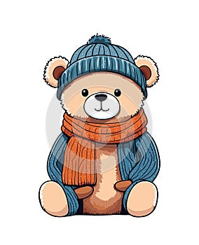 Cute Teddy Bear boy sitting in warm winter clothes