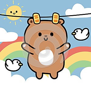 Cute teddy bear cartoon hang on cloths line rainbow sky background.Wild