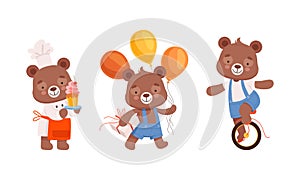 Cute Teddy Bear Character in Chef Uniform Holding Cupcake, Carrying Balloons and on Monocycle Vector Set