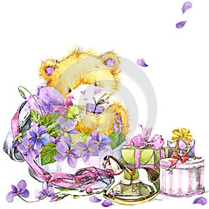 Cute teddy bear and flower violet background. Watercolor teddy bear.