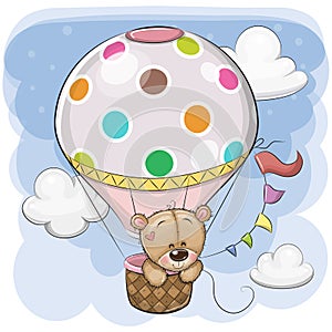 Cute Teddy Bear is flying on a hot air balloon