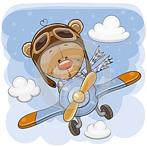 Cute Teddy Bear is flying on a plane