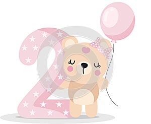Cute teddy bear girl with balloon to celebrate happy 2st year or 2st month