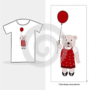 Cute teddy bear girl holding red balloon. Baby, kids, Valentine's Day