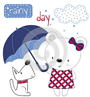 Cute Teddy bear girl with umbrella and puppy. Children`s printing for children, poster, children`s clothing, postcard. Vector illu