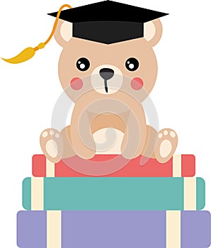 Cute teddy bear with graduation cap sitting on top of books