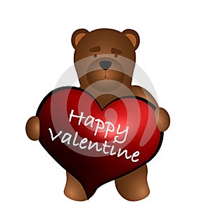 Cute teddy bear hold the big valentine heart with inscription `Happy Valentine`s Day