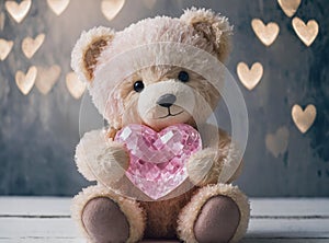 Cute teddy bear holding pink crystal heart