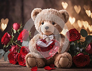 Cute teddy bear holding red crystal heart and roses