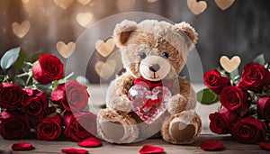 Cute teddy bear holding red crystal heart on table with roses