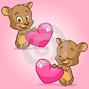 Cute Teddy bear holding red heart. Vector illustration for St Valentine's Day. Bear emotion set