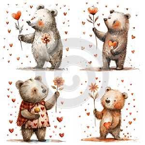 Cute Teddy Bear holds flowers and heart. Bear in love. Adorable watercolor nursery illustration for Valentine\'s Day greeting