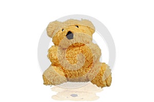 Cute teddy bear isolated on a white background with reflection Bright brown bear Sitting on a white recline Teddy bears stuffed in