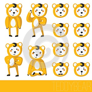 Cute teddy bear isolated on white in various poses, with set of emotions on face. Vector character collection
