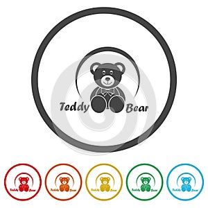 Cute teddy bear logo. Set icons in color circle buttons