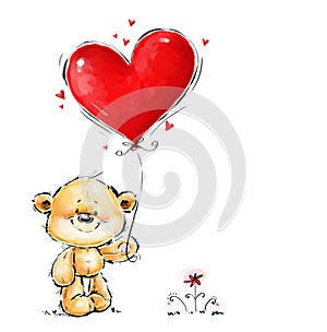 Cute Teddy Bear in love with big red heart balloon. Love bear photo