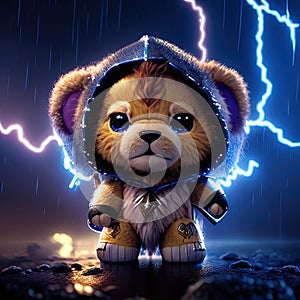 Cute teddy bear in the rain. 3d rendering. AI generated animal ai