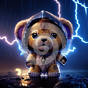 Cute teddy bear in the rain. 3d rendering. AI generated animal ai