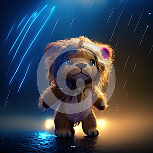 Cute teddy bear in raincoat on dark background. 3d rendering Generative AI animal ai