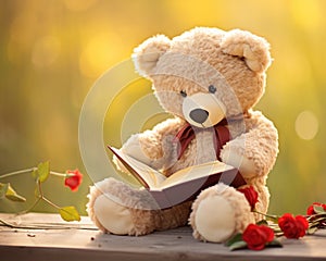 cute teddy bear reading a book.