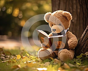 cute teddy bear reading a book.