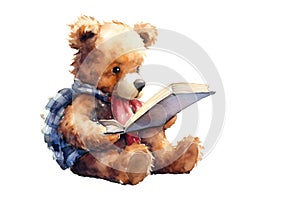 cute teddy bear reading a book in watercolor design