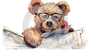 cute teddy bear reading newspaper in watercolor design