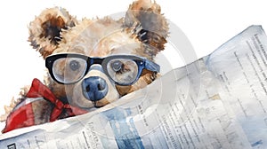 cute teddy bear reading newspaper in watercolor design