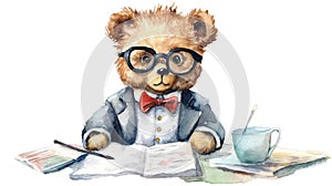 cute teddy bear reading newspaper in watercolor design
