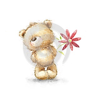 Cute Teddy bear with the red flower. I love you. Birthday greeting card.