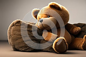 A cute teddy bear relaxing on a plush, fleecy cushion. Generative AI photo