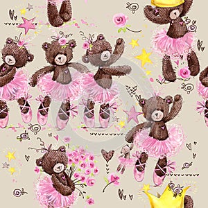 Cute teddy bear seamless pattern. watercolor illustration cartoon ballerina.