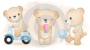 Cute Teddy Bear set, animal watercolor illustration