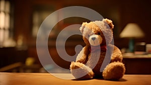 Cute teddy bear sitting on table, bringing joy to childhood generated by AI