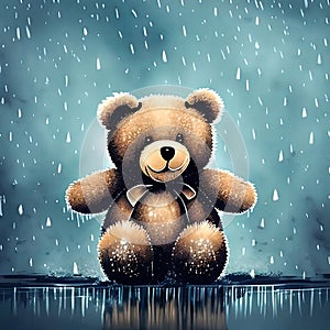 Cute Teddy Bear Standing Alone on Rainy Day, Muted Colors Generative Ai