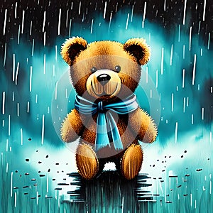 Cute Teddy Bear Standing Alone on Rainy Day, Muted Colors Generative Ai