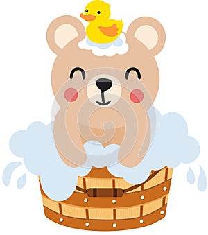 Cute teddy bear taking a bath in wooden tub