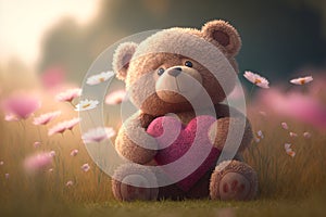 A cute teddy bear toy with a pink heart in its paws sits on a sunny lawn with pink flowers. Generative AI