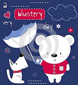 Cute Teddy bear with umbrella and puppy. Children`s printing for children, poster, children`s clothing, postcard. Vector illustrat