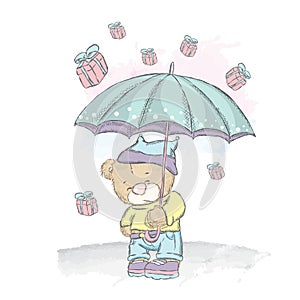 Cute teddy bear under an umbrella. Rain gifts. Vector illustration for a card or poster. Print on clothes.