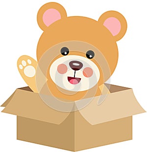 Cute teddy bear waving inside cardboard box