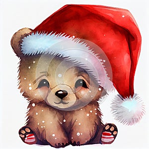 cute teddy bear, wearing christmas santa claus hat, children illustration for illustration for kindergarten, nursery