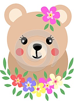 Cute teddy bear with wreath floral on head