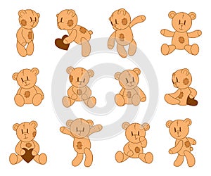 Cute teddy bears set. Shaggy cartoon bear toy with swatchs in different poses. Kawaii muzzle. Plush friend