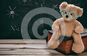 Cute teddy wearing eyeglasses against black chalkboard