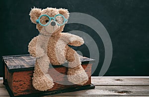 Cute teddy wearing eyeglasses against black chalkboard