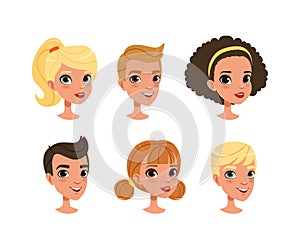 Cute teen boys and girls faces set. Children characters creation, constructor for animation cartoon vector illustration