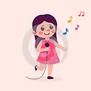 Cute teen girl cartoon character singing song, flat vector illustration