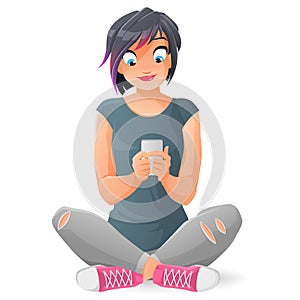 Cute teen girl communicating or texting with her smartphone. Cartoon vector illustration isolated on white background. photo