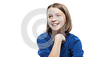 Cute teen girl laughs. Close-up. Isolated on a white background.